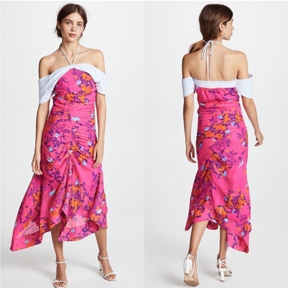 Tanya Taylor Falling Floral Virginia Maxi MIDI Long Dress Pink Floral Neck Tie